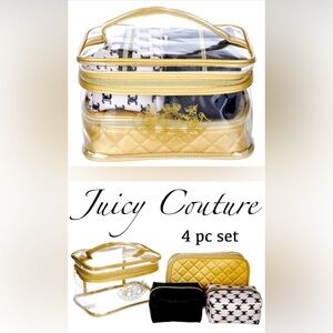 NWT Juicy Couture Gold & Black Cosmetic Bag Set PLUS Travel Toiletry Bottle NEW